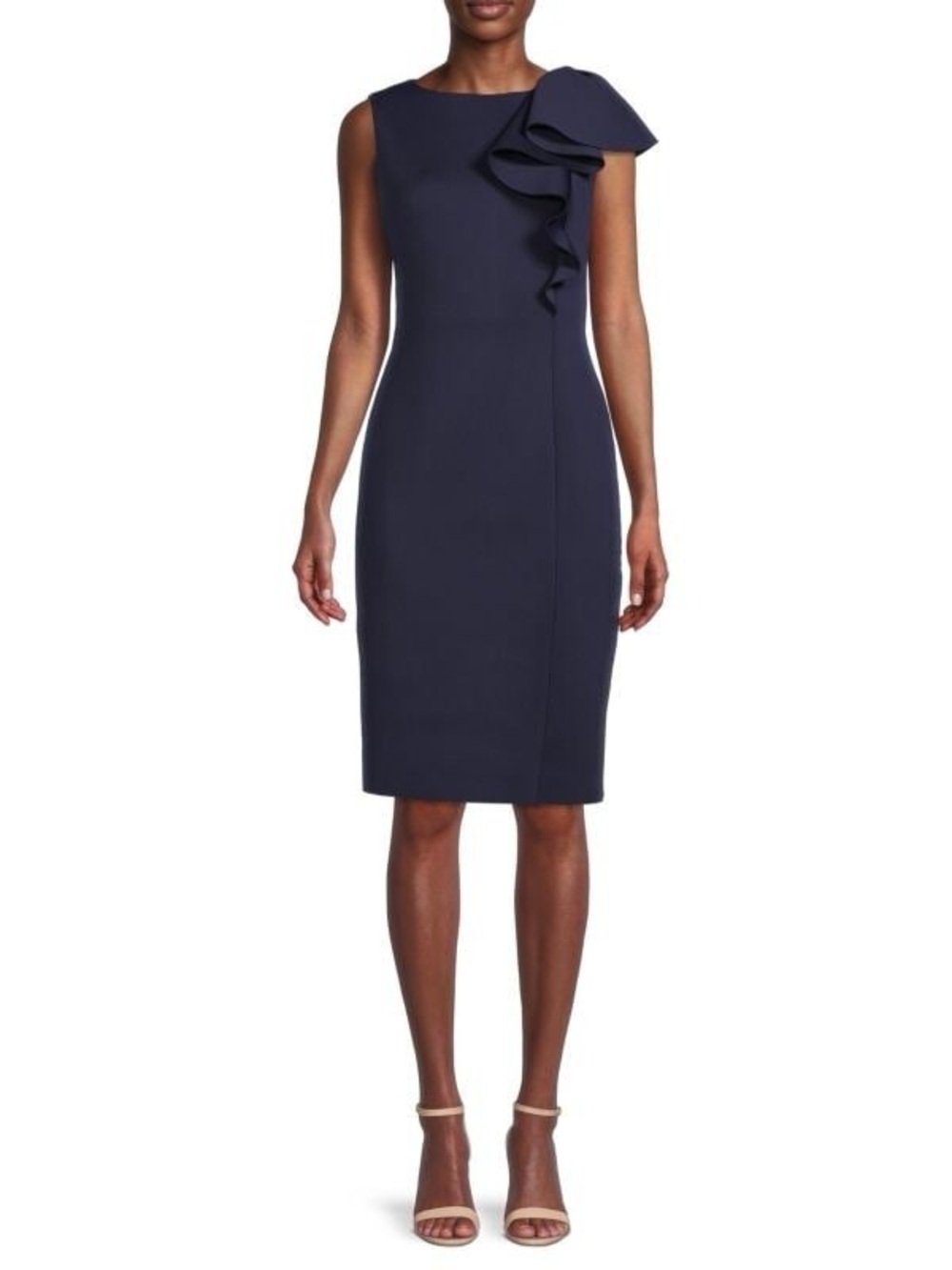 Eliza J Navy One-Shoulder Ruffle Sheath Dress